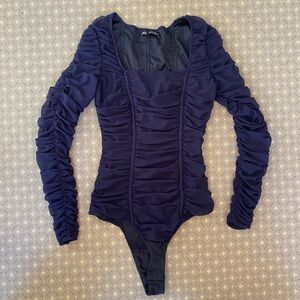 Zara Navy Ruched Bodysuit